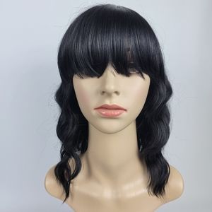 Wavy Women's Wig With Bangs Synthetic Black Hair Cosplay Party Wigs 14" One Size